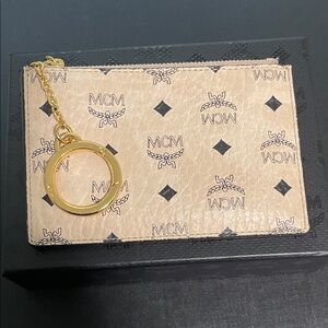 MCM Tan Monogram Key Holder with Gold Chain